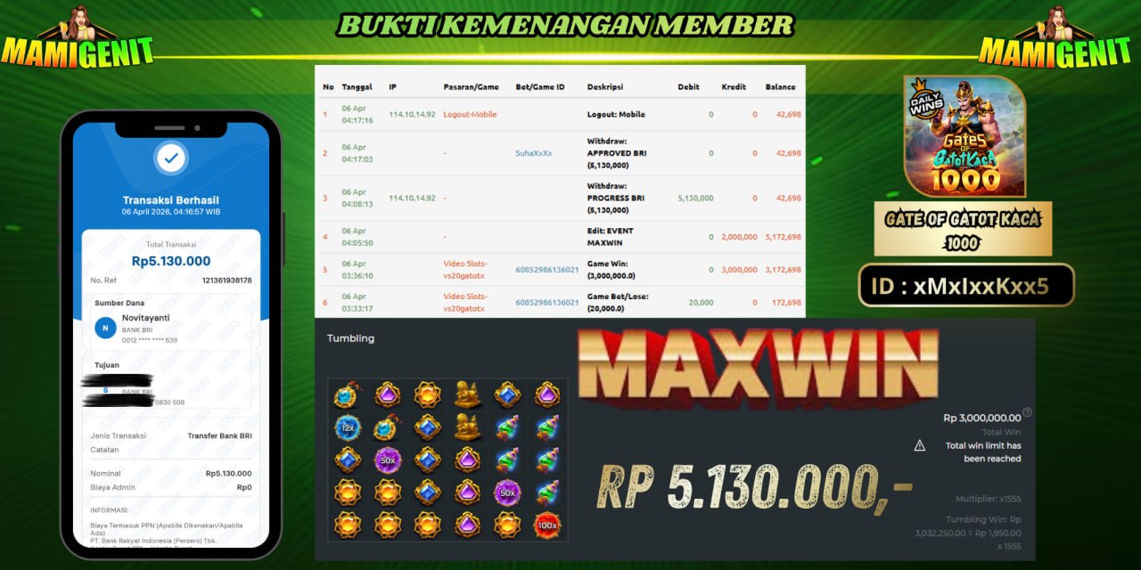 MAMIGENIT - JACKPOT DI SEBESAR RP.5,130,000,- DI GAME GATES OF GATOT KACA 1000